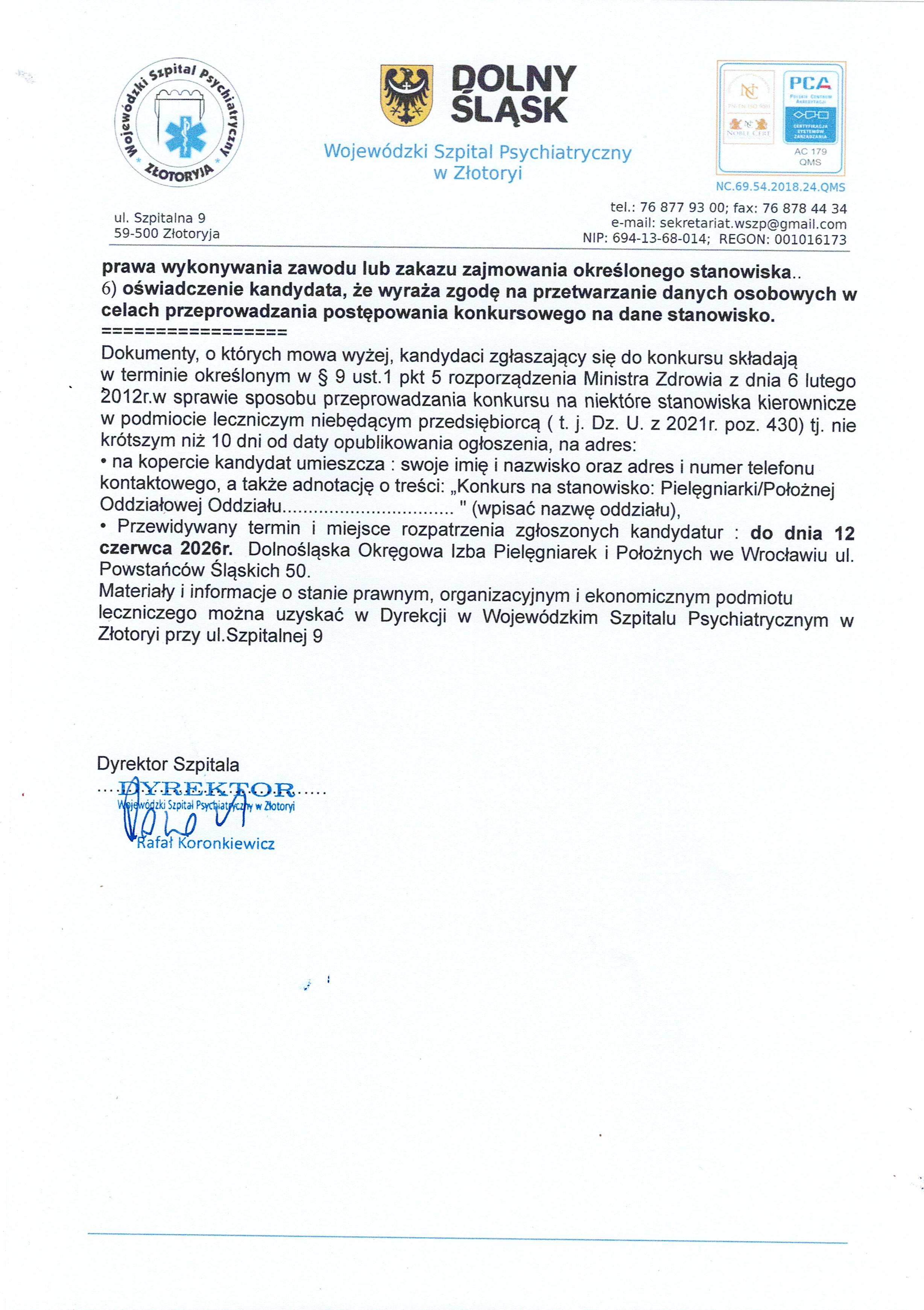 Konkurs na stanowskio Pielęgniarki Oddziałowej